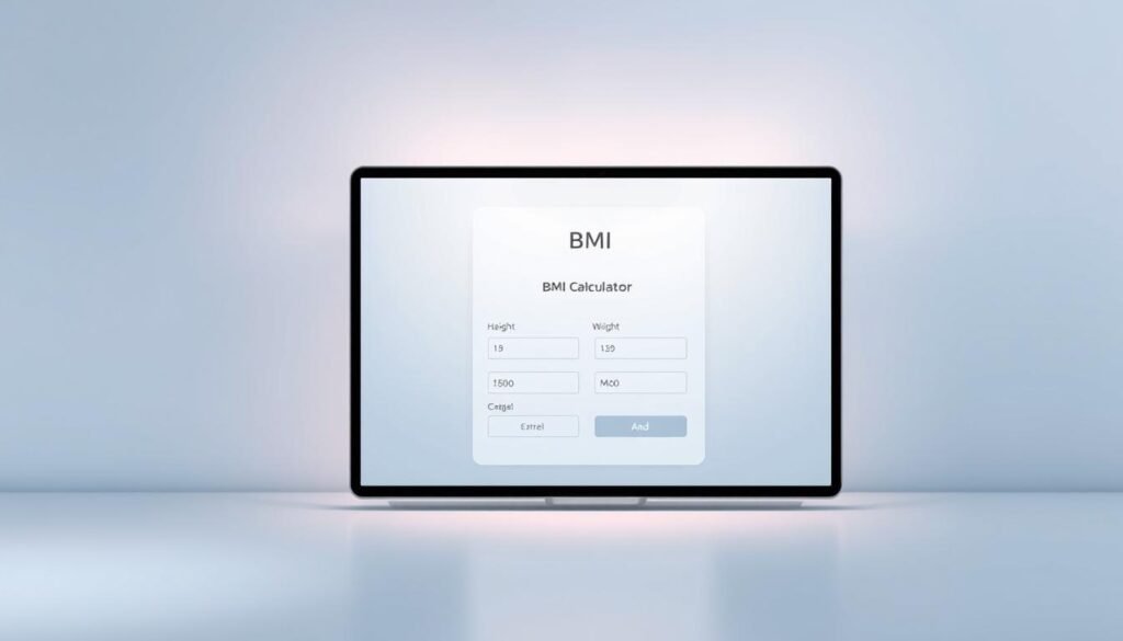 A sleek, modern web interface with a clean, minimalist design. In the foreground, a prominent BMI calculator form with input fields for height and weight, surrounded by a simple, elegant layout. The mid-ground features a neutral-toned background, perhaps with subtle gradients or patterns, to create a balanced, professional atmosphere. Soft, directional lighting illuminates the scene, casting gentle shadows and highlights to accentuate the calculator's features. The overall mood is one of efficiency, clarity, and user-friendliness, inviting the viewer to easily engage with the BMI calculation tool.