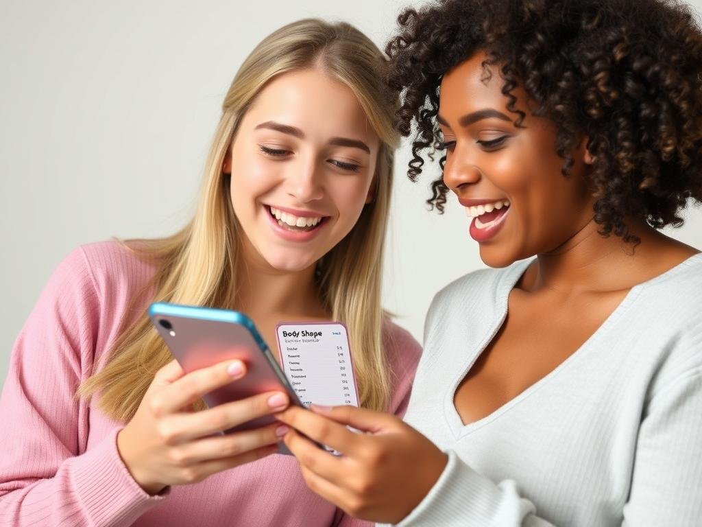 Friends sharing body shape calculator results and fashion tips