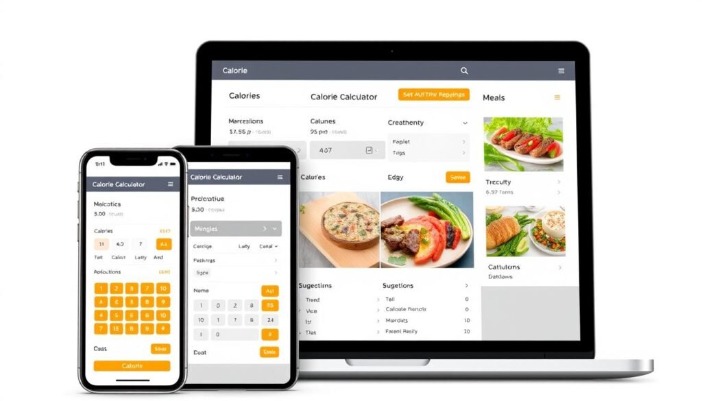 Multiple features of the Calorie Calculator displayed on different devices