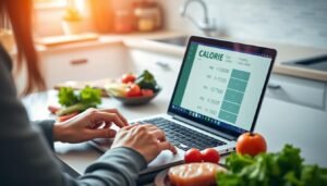 Person using a Calorie Calculator on laptop while preparing healthy meal