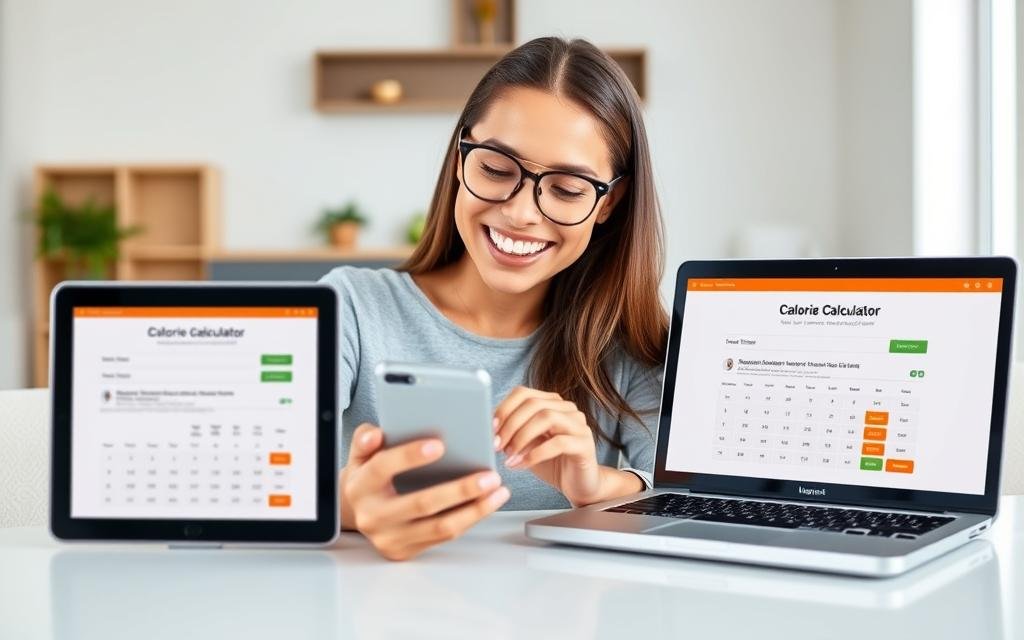 Person using the free Calorie Calculator on multiple devices