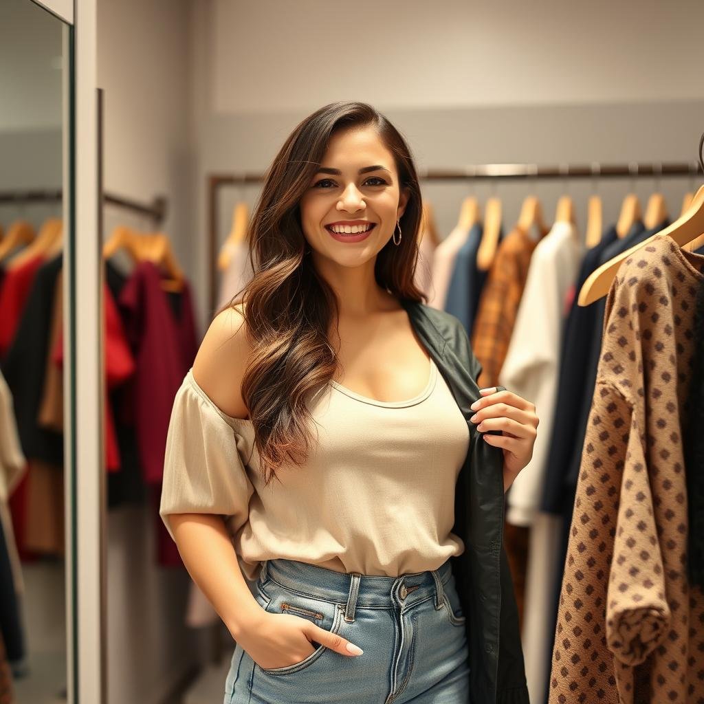 Woman confidently trying on clothes that flatter her body shape Woman confidently trying on clothes that flatter her body shape